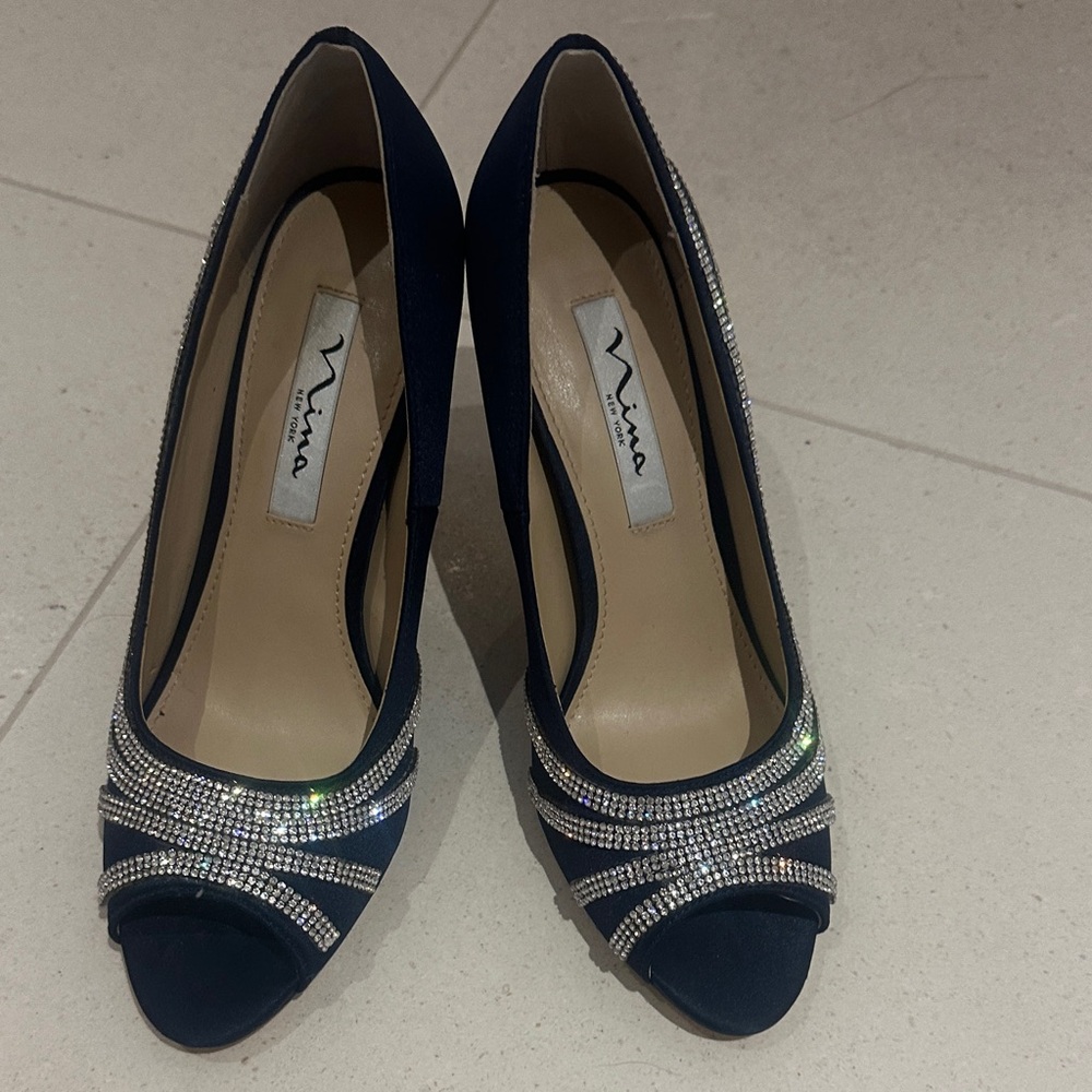 Nina Midnight Blue Heels with Shimmering Silver Details